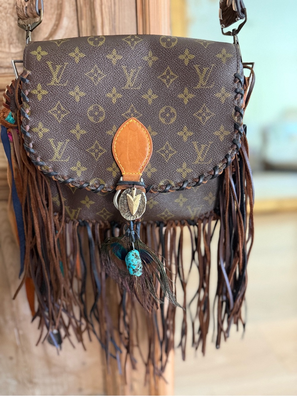 Louis Vuitton Brown Monogram Fringe Crossbody with Turquoise Accent